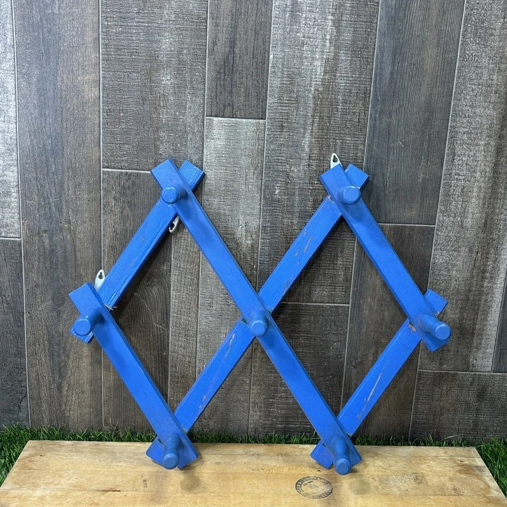 Vintage Blue Wooden Accordion Wall Rack Expandable Peg Coat Hat Decor Rustic